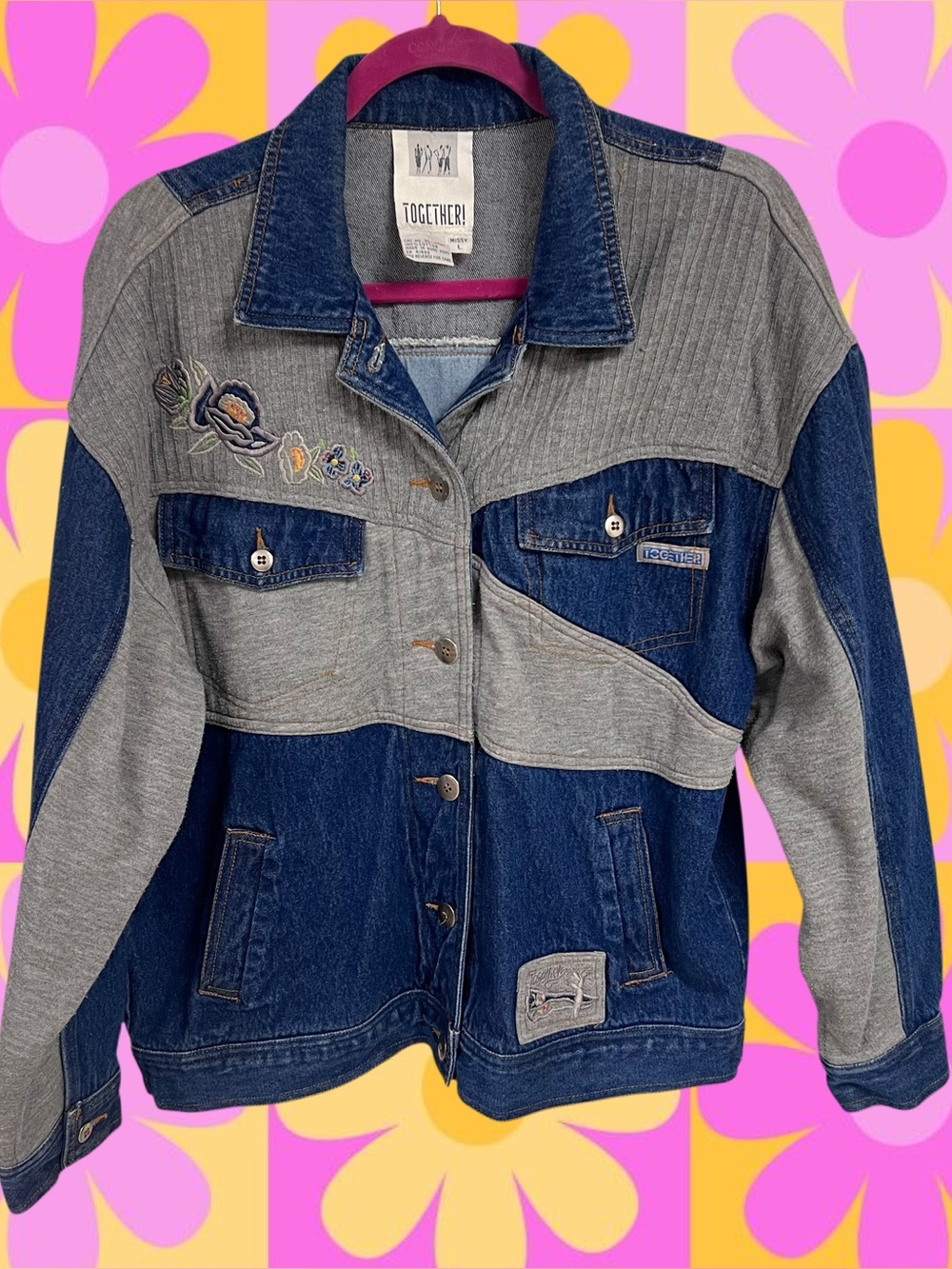 Vintage Together gray and blue denim jacket with embroidered trees and flowers
